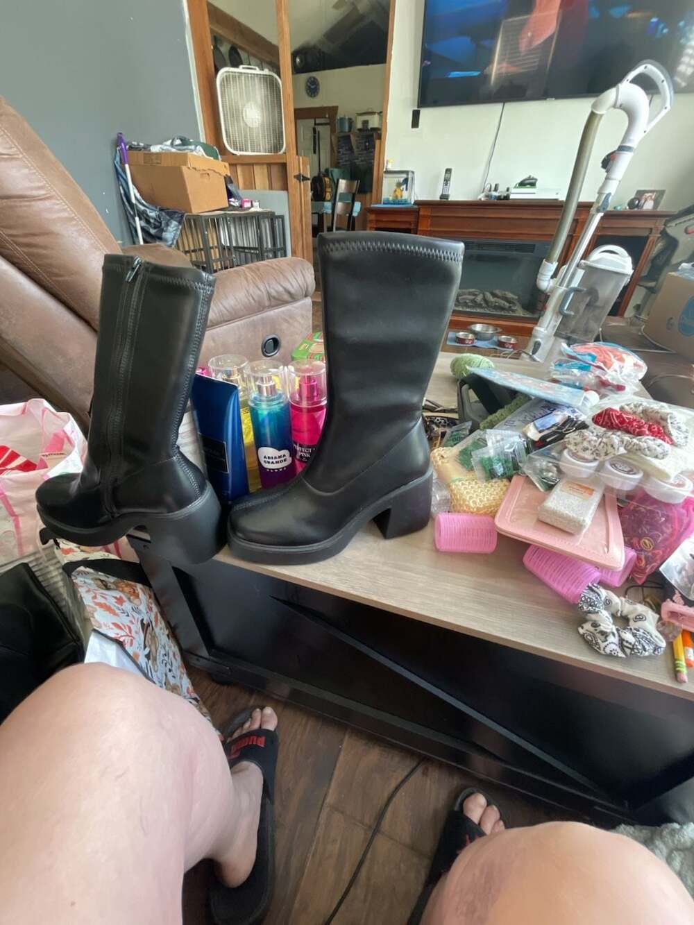 Black Chunky Heeled Platform Mid-Calf Boots with Side Zip